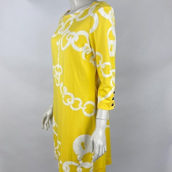 Lilly‎ Pulitzer Jonah Shift Dress Women L 3/4 Sleeve Stretch Yellow Chain Key